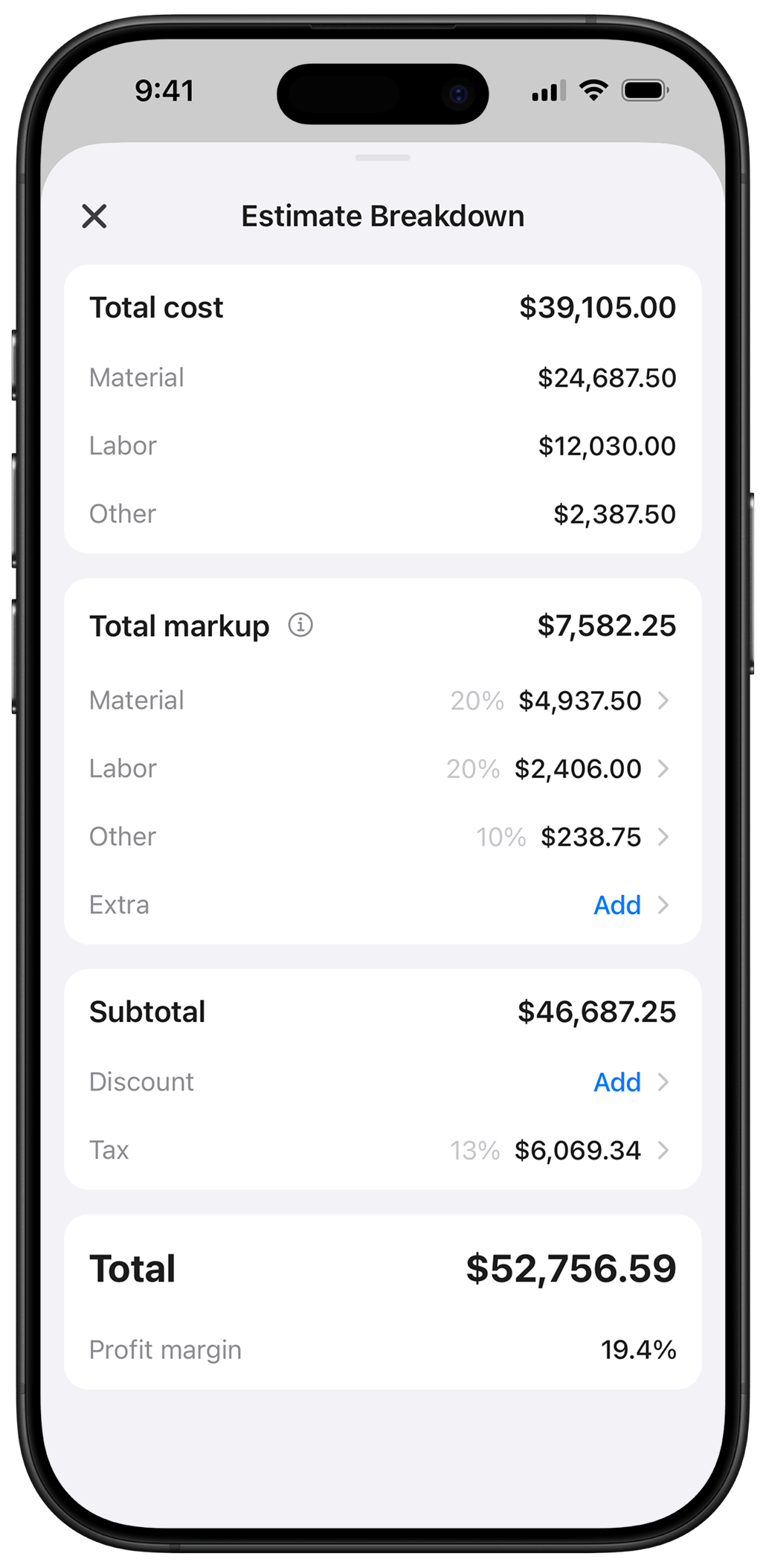 Estimio app - Adjust your Margins