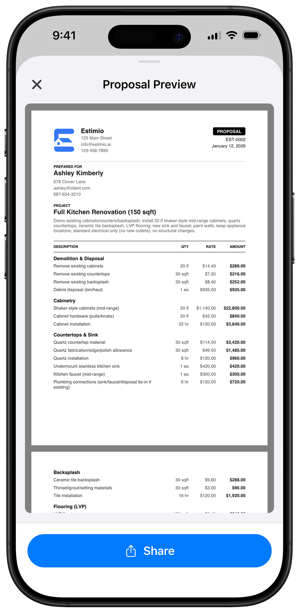 Estimio app - Send to Client