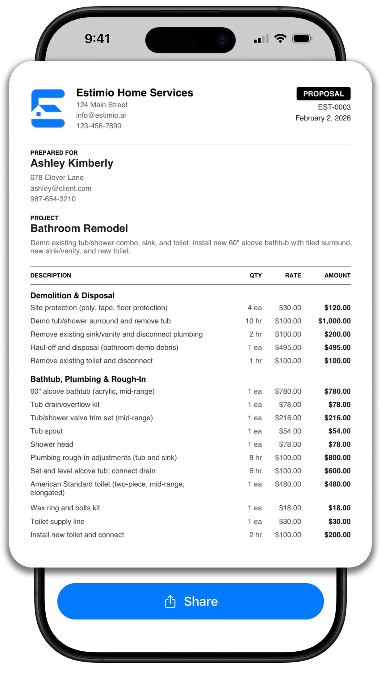 Estimio app - Send to Client